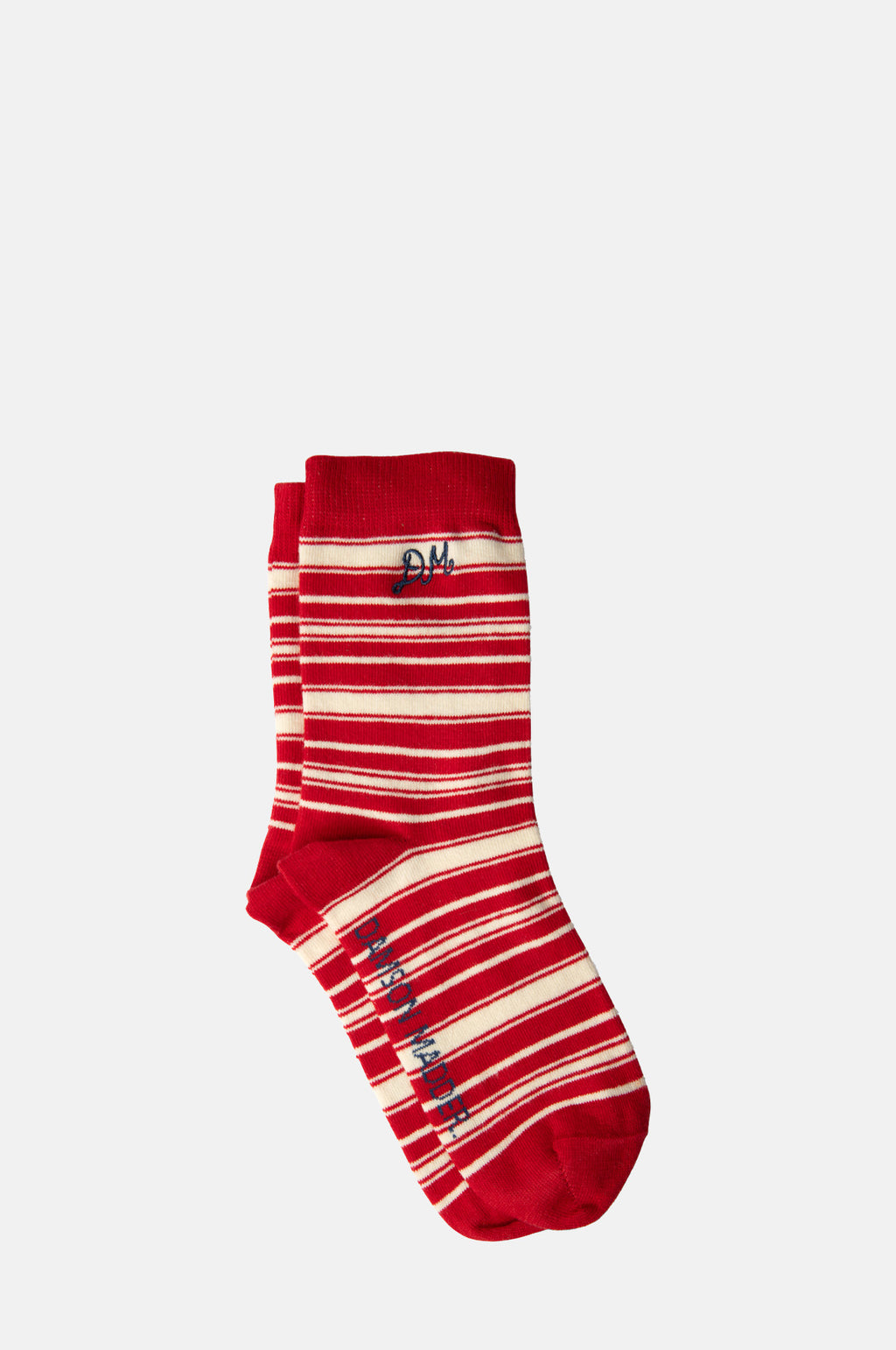 Damson Madder Calf Length Socks Cream and Red Stripe.