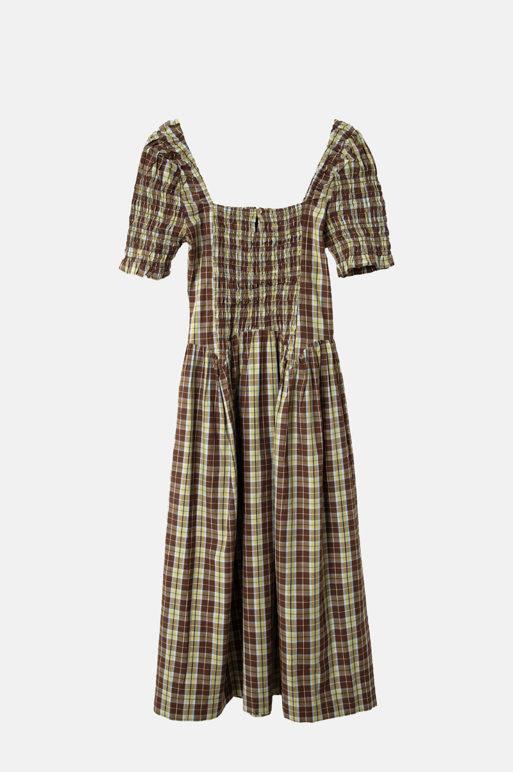 Damson Madder Emmy Shirred Midi Dress Cocoa Check.