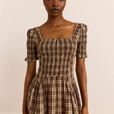 Emmy Shirred Midi Dress Cocoa Check