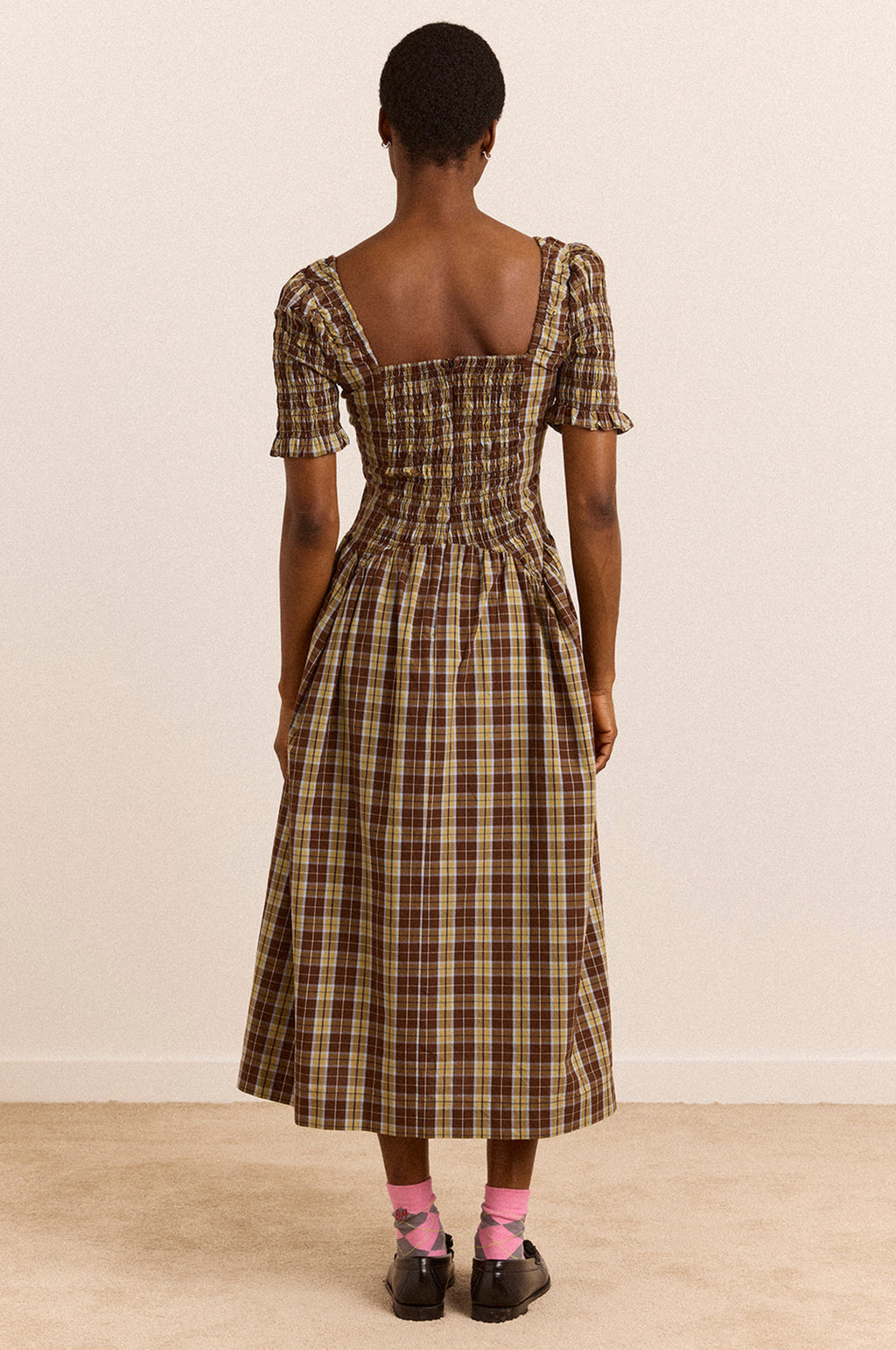 Emmy Shirred Midi Dress Cocoa Check