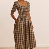 Emmy Shirred Midi Dress Cocoa Check