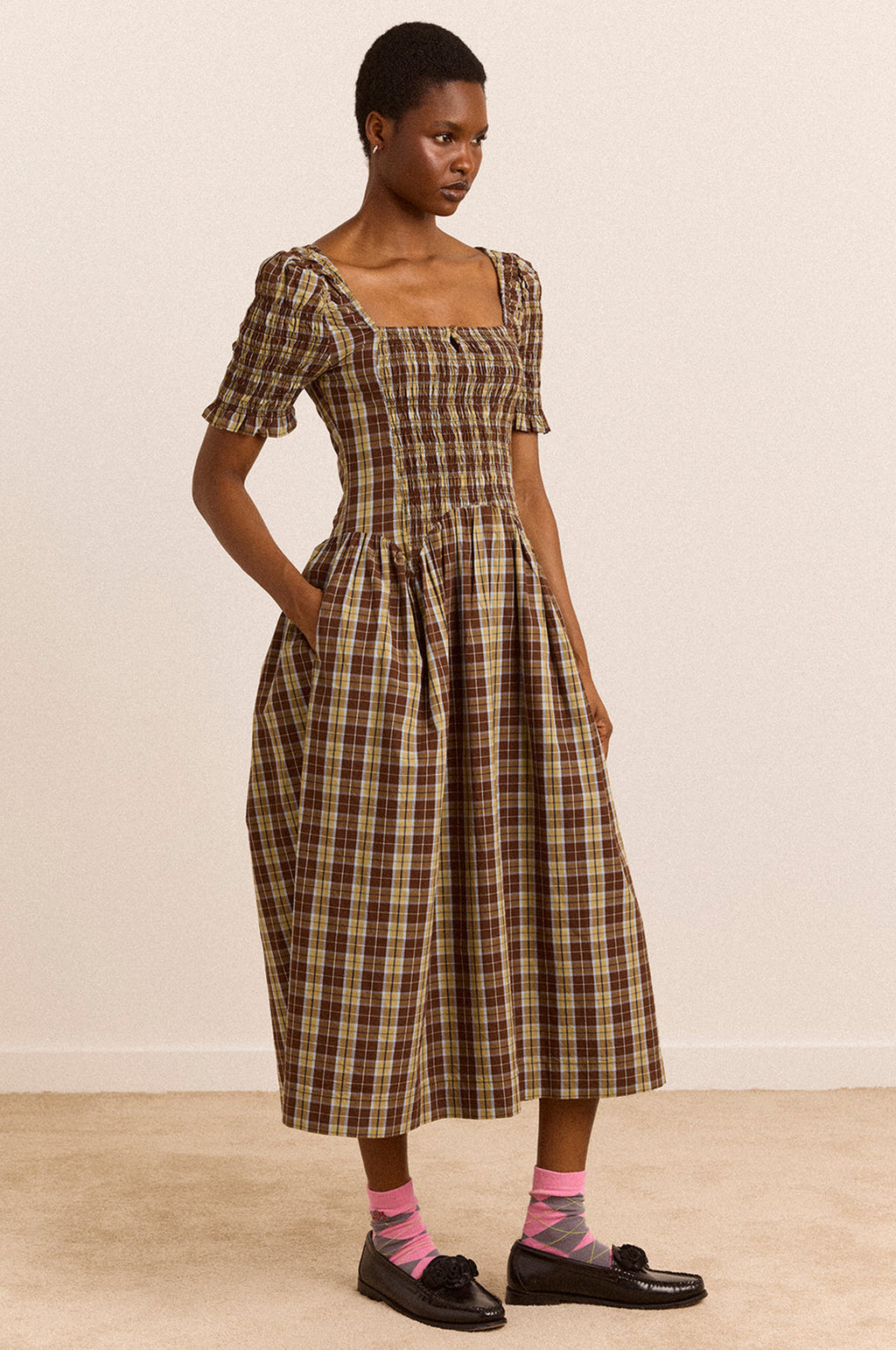 Emmy Shirred Midi Dress Cocoa Check