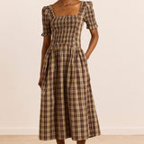 Emmy Shirred Midi Dress Cocoa Check