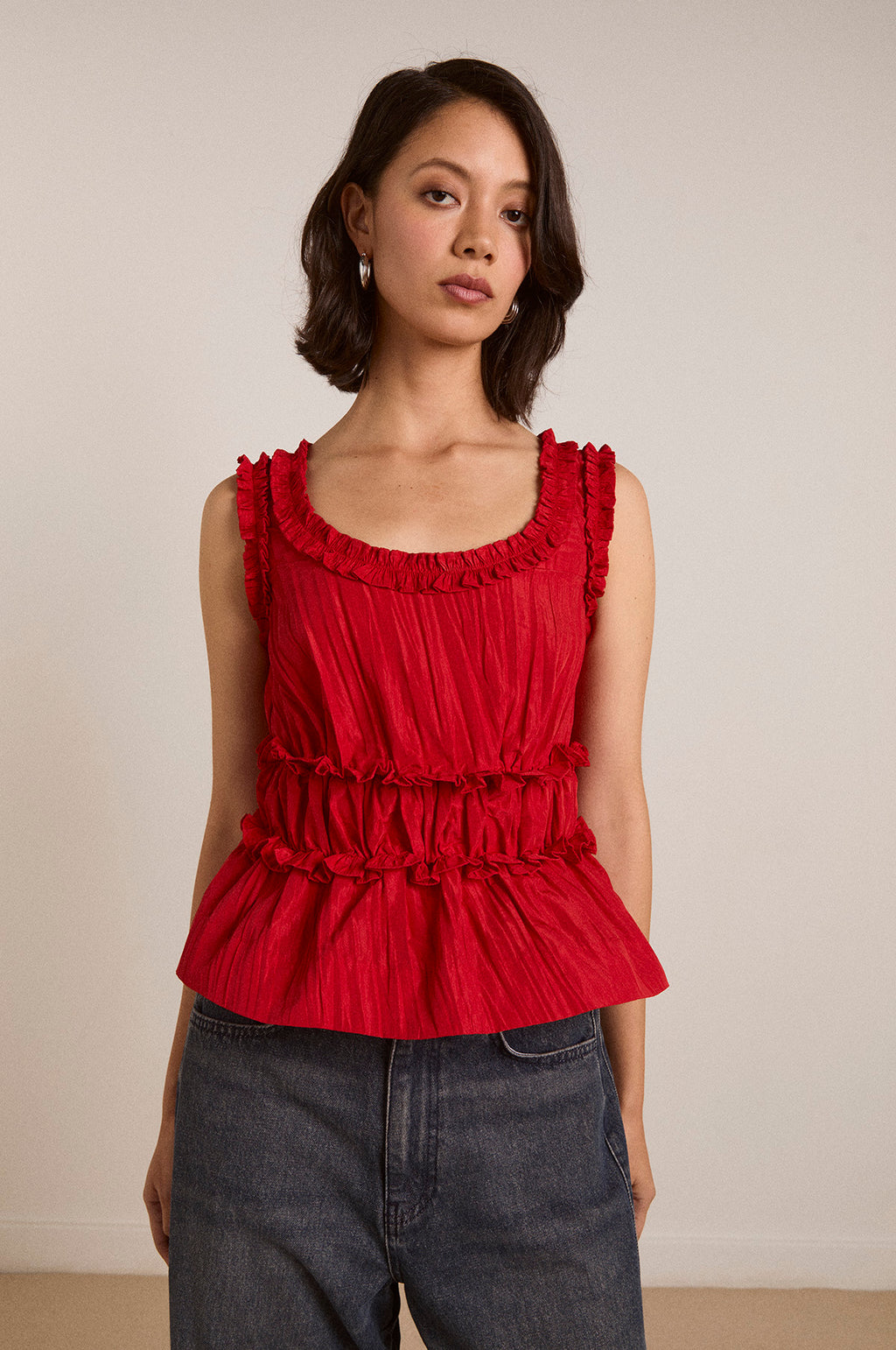 Everly Ruffle Blouse Red Tafetta