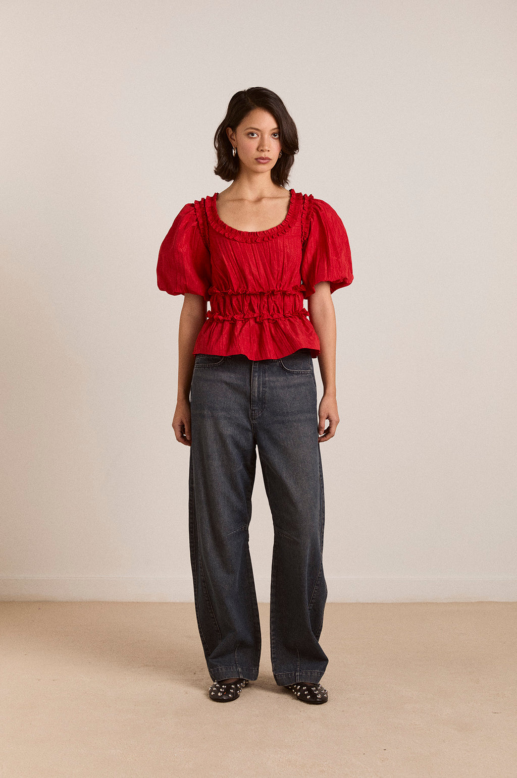 Everly Ruffle Blouse Red Tafetta