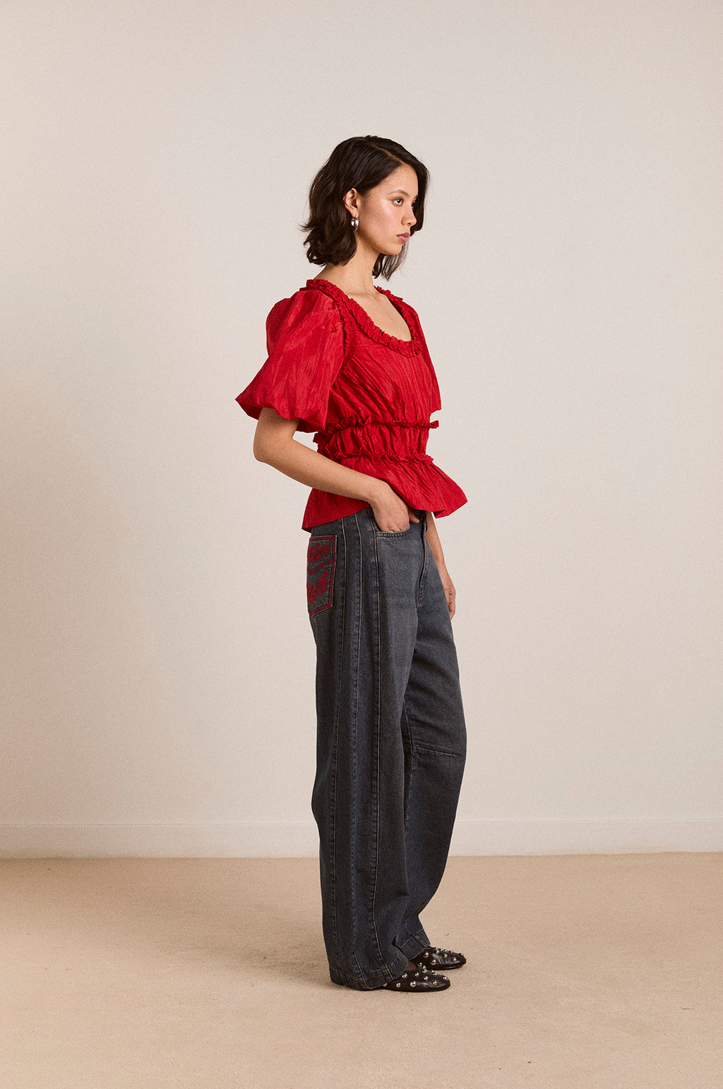 Everly Ruffle Blouse Red Tafetta