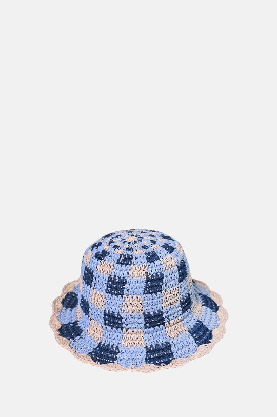 Gingham Straw  Bucket Hat Navy & Pale Pink