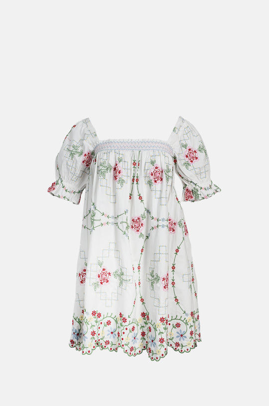 Lulu Mini Dress Rose Embroidery White