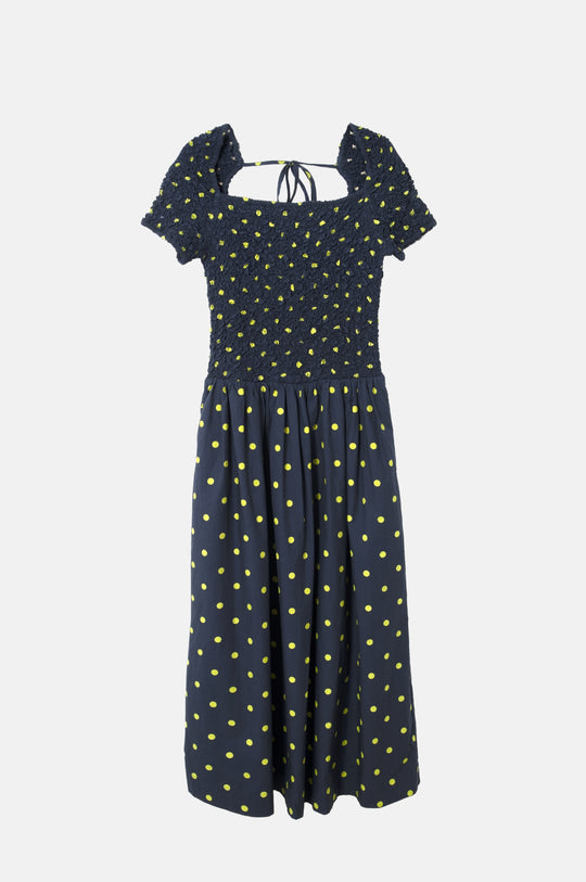 Malinda Super Smocked Midi Dress Navy Olive Spot