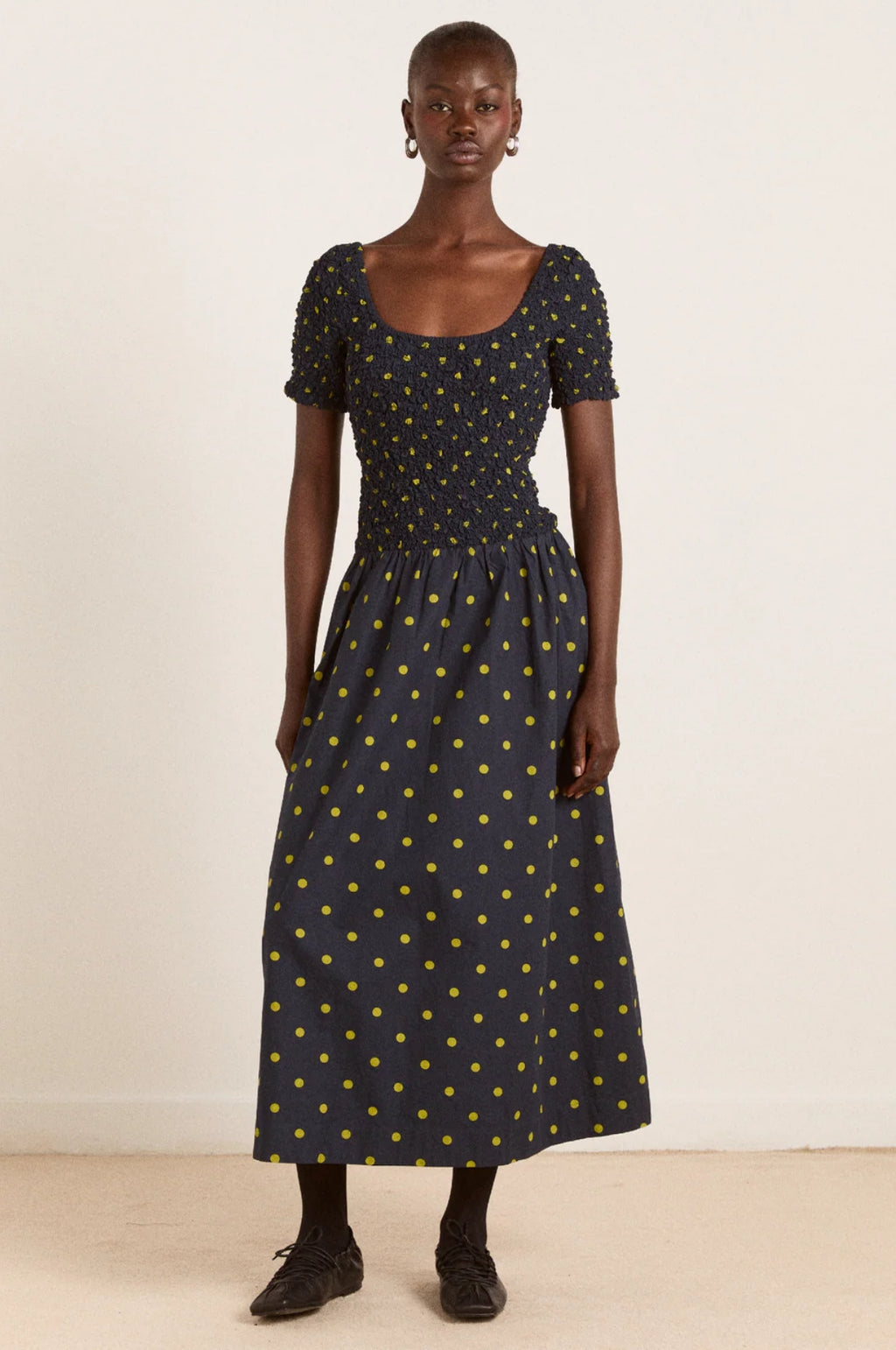 Malinda Super Smocked Midi Dress Navy Olive Spot