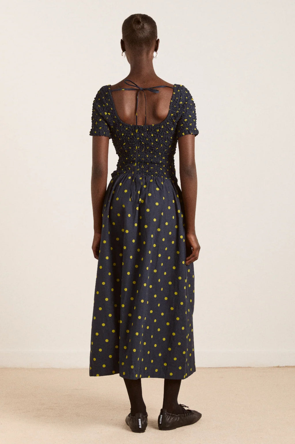 Malinda Super Smocked Midi Dress Navy Olive Spot