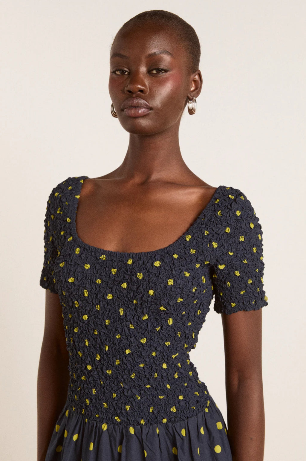 Malinda Super Smocked Midi Dress Navy Olive Spot