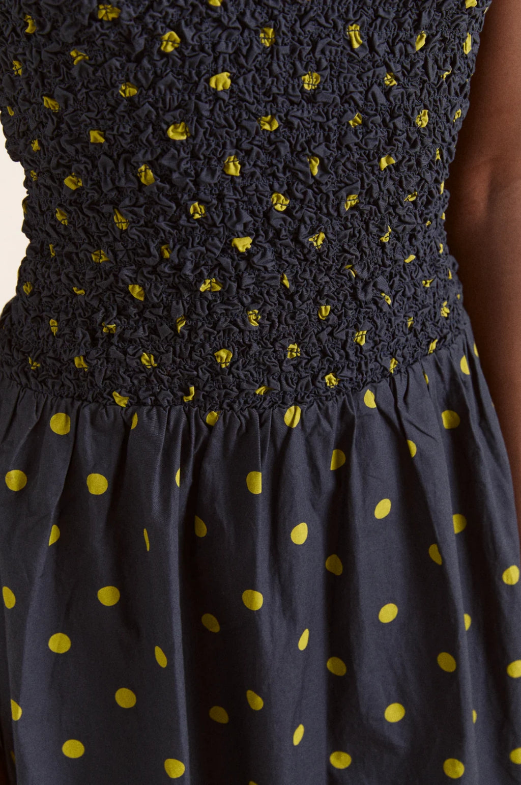 Malinda Super Smocked Midi Dress Navy Olive Spot
