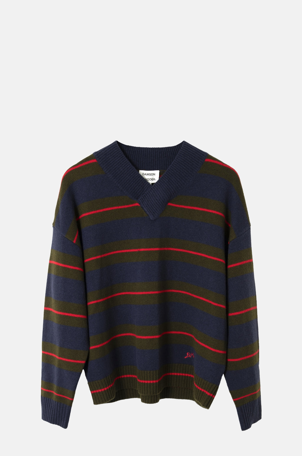 Damson Madder Odette V-Neck Jumper Olive/Navy Stripe.