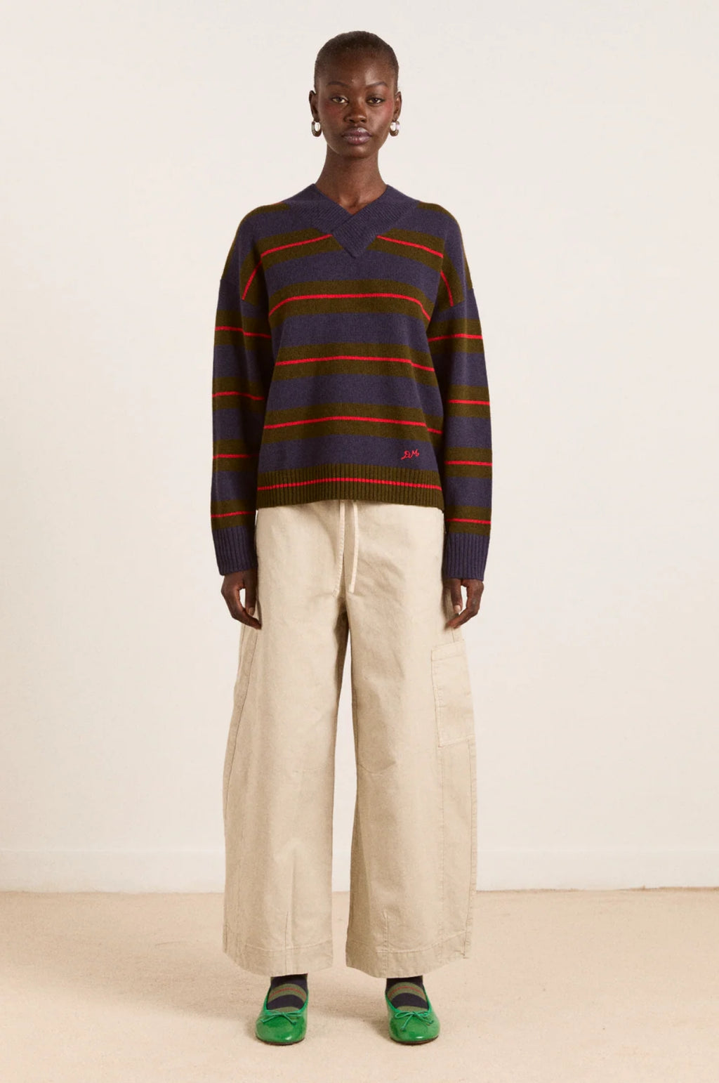 Odette V-Neck Jumper Olive/Navy Stripe