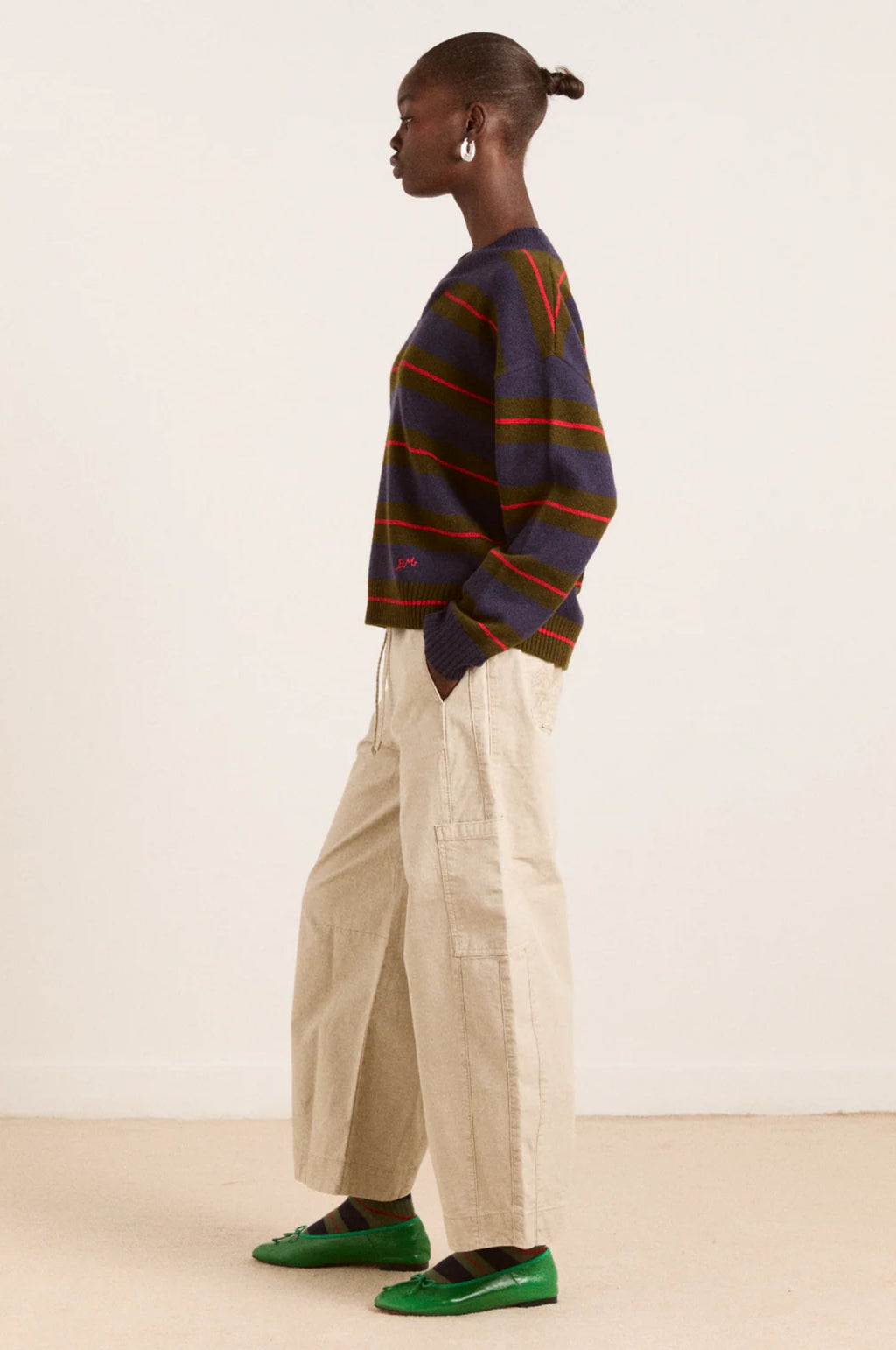 Odette V-Neck Jumper Olive/Navy Stripe