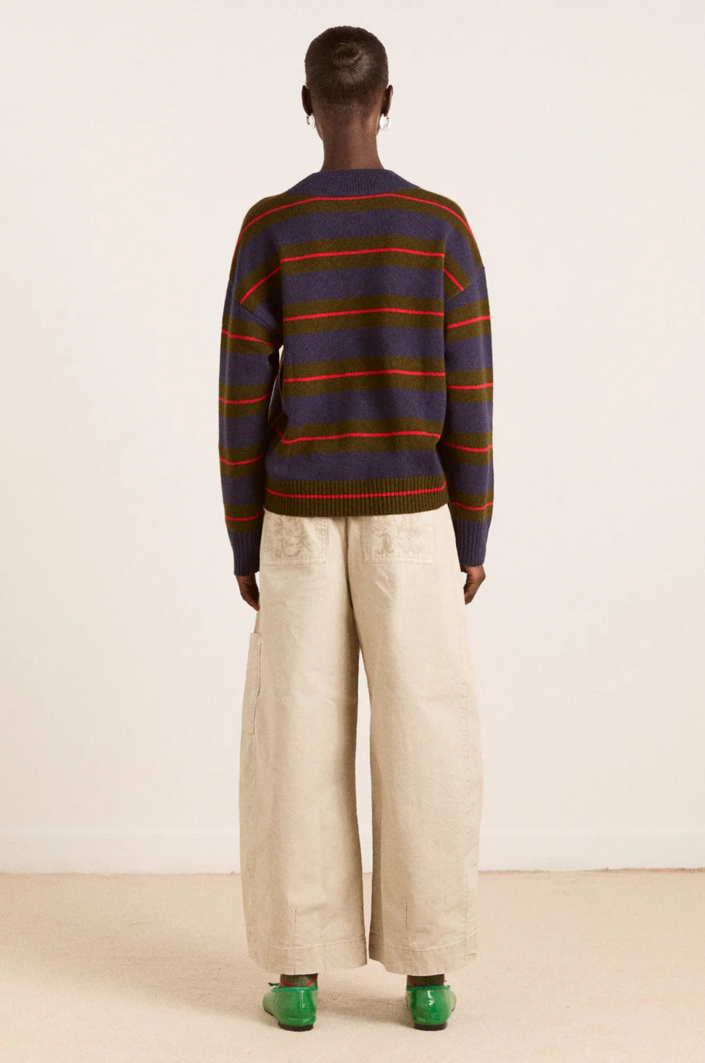 Odette V-Neck Jumper Olive/Navy Stripe