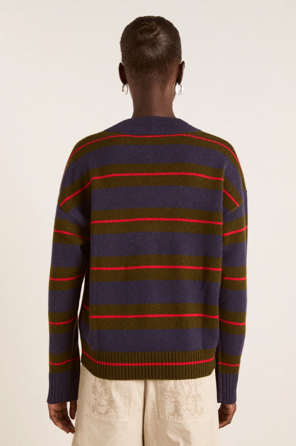 Odette V-Neck Jumper Olive/Navy Stripe