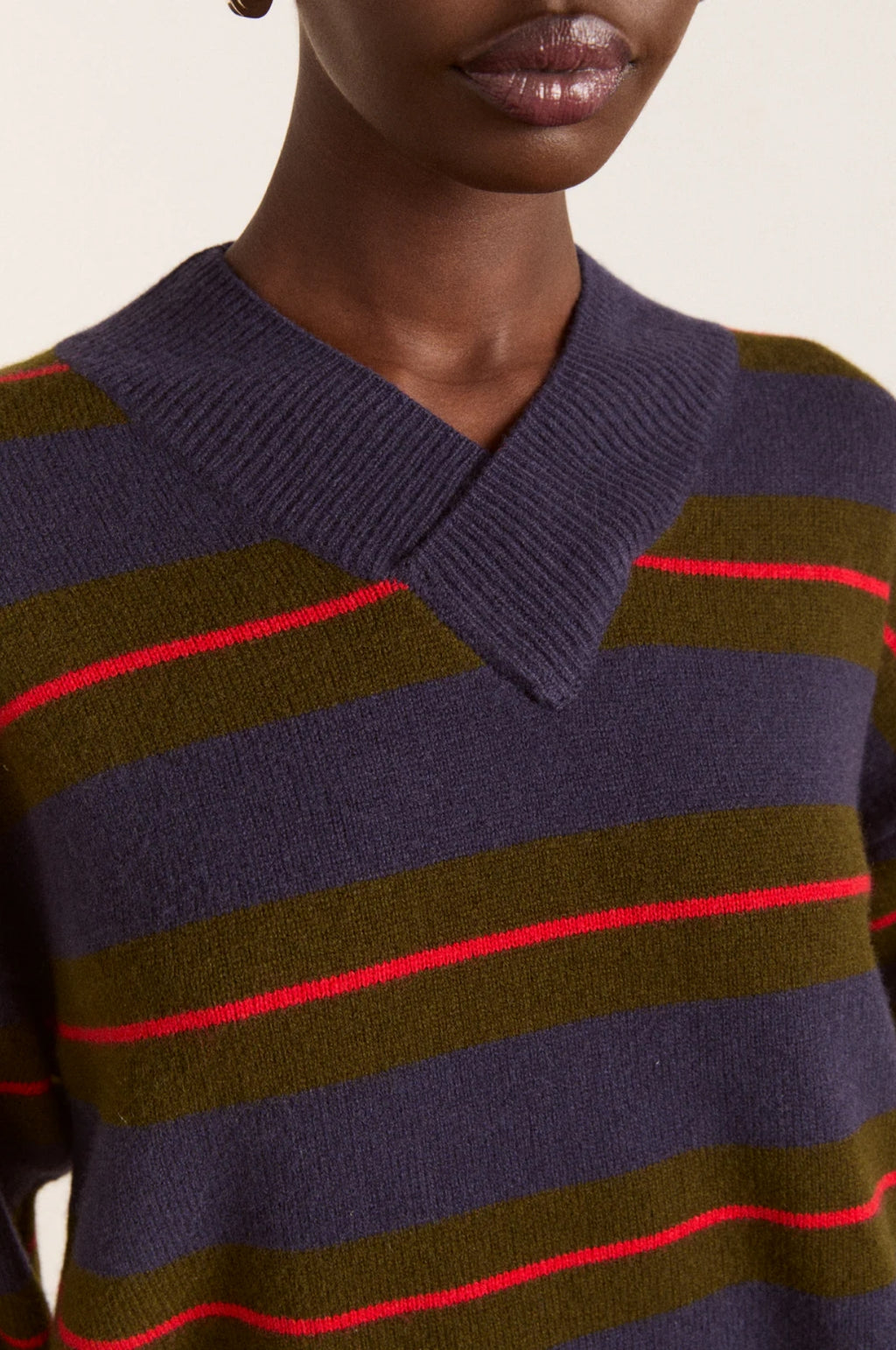 Odette V-Neck Jumper Olive/Navy Stripe