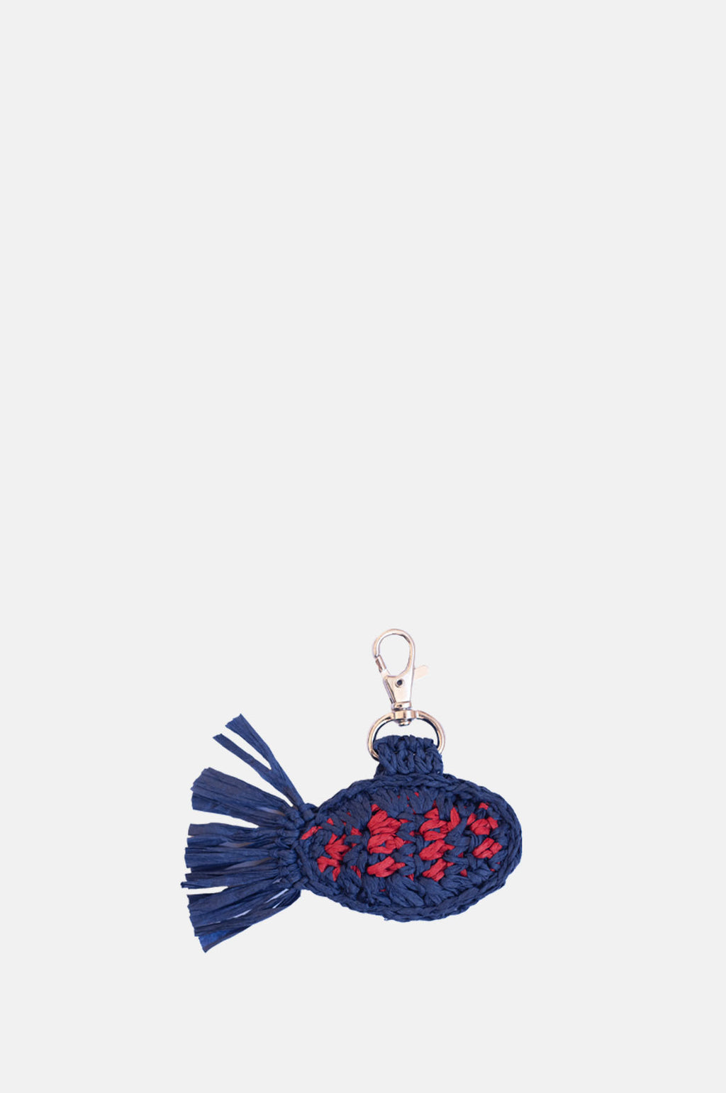 Damson Madder Raffia Fish Bag Charm Blue and Red Stripe.