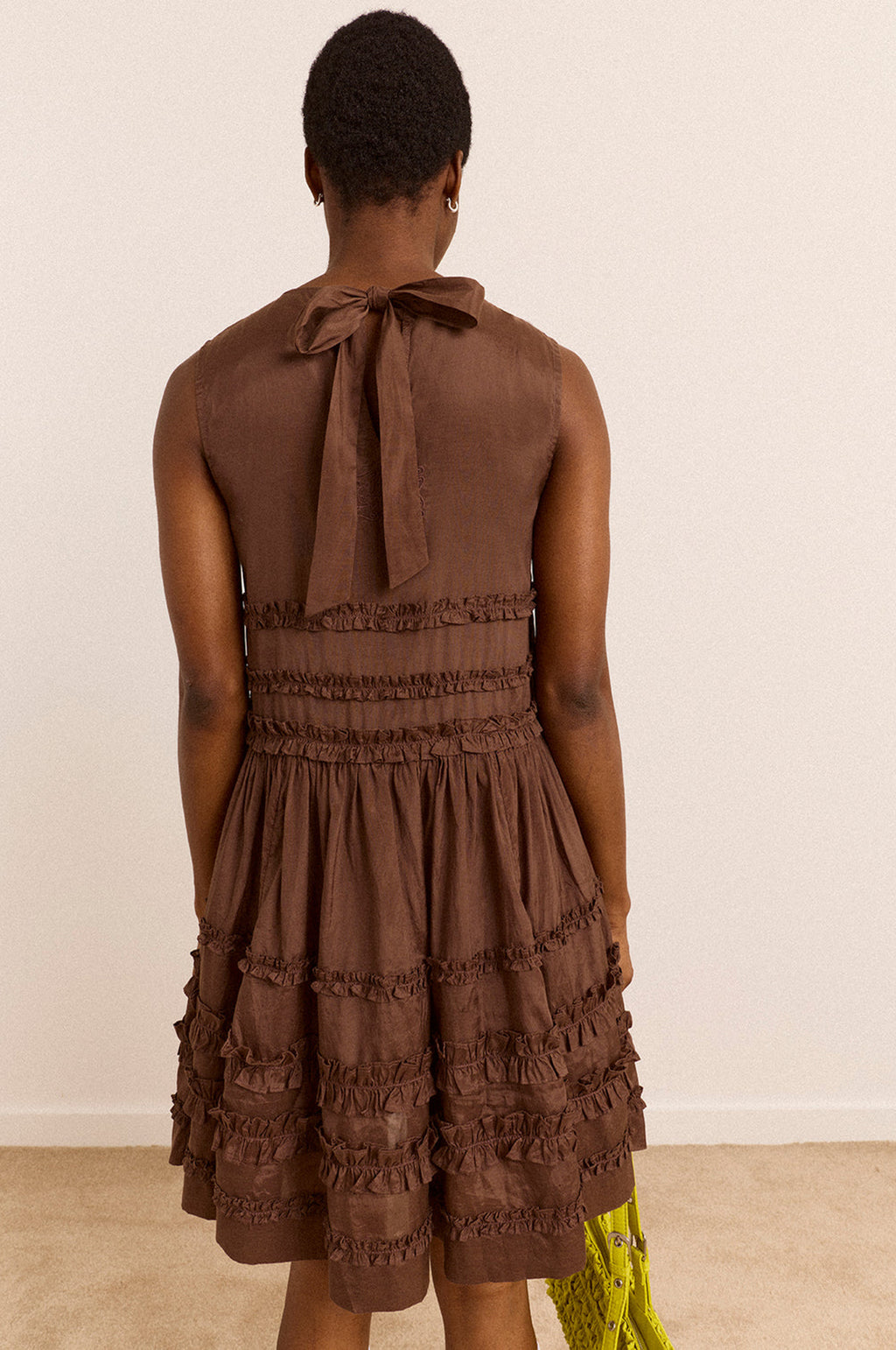 Reed Drop Waist Ruffle Midi Dress Sheer Choc