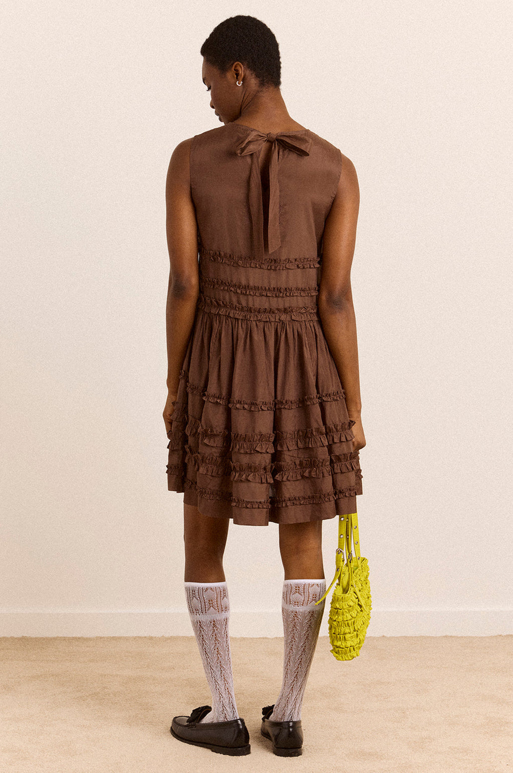 Reed Drop Waist Ruffle Midi Dress Sheer Choc