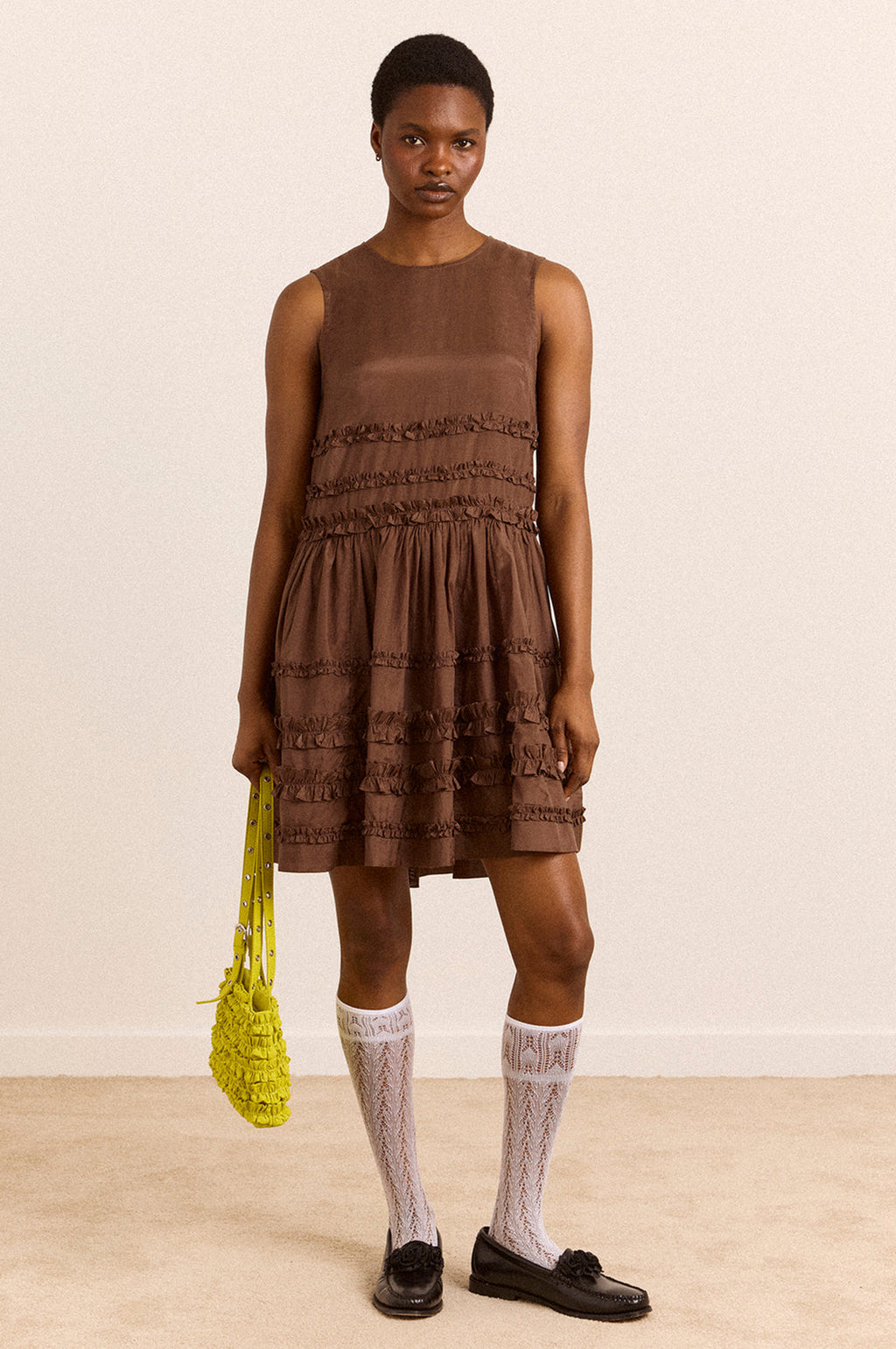 Reed Drop Waist Ruffle Midi Dress Sheer Choc