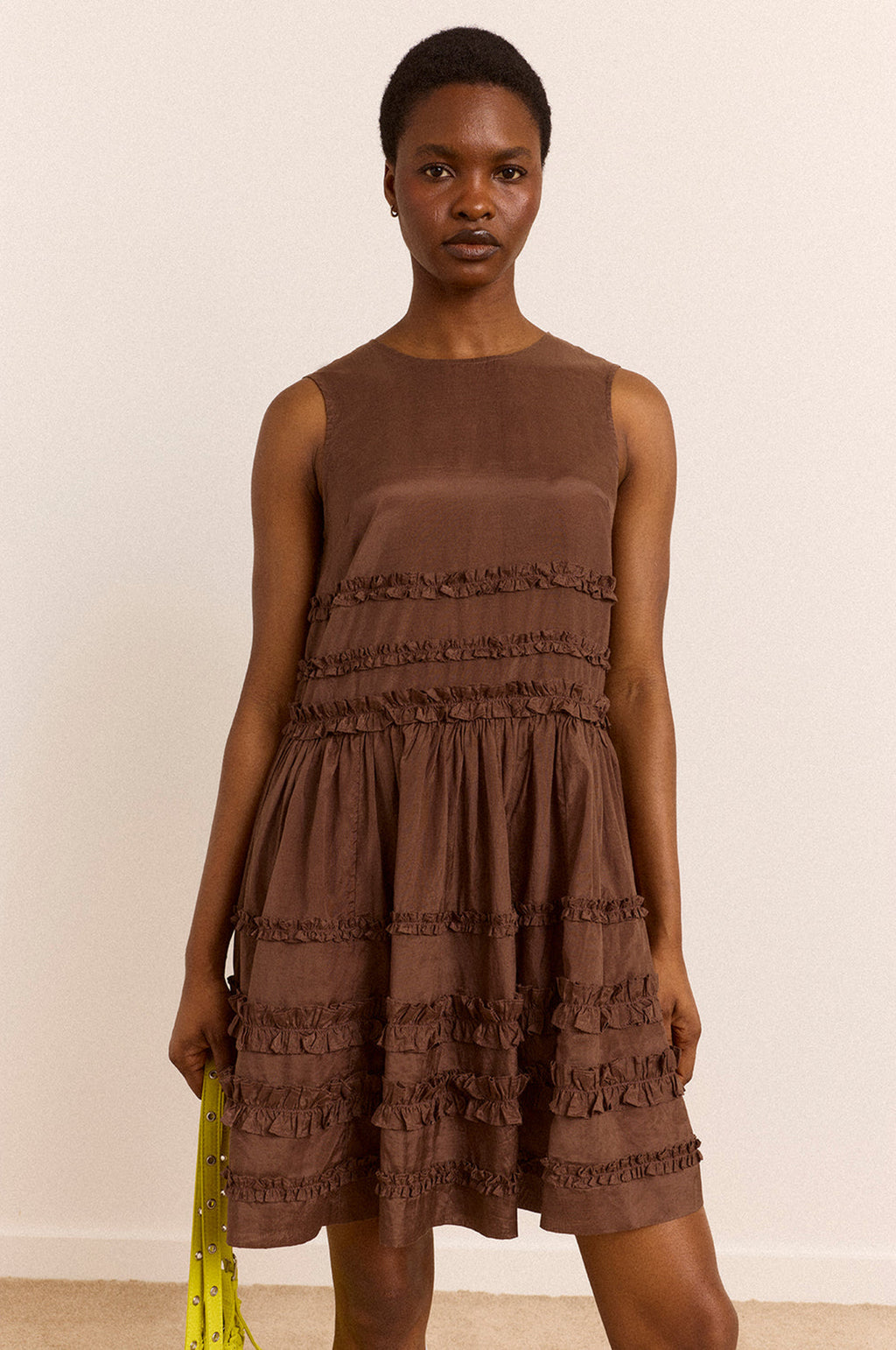 Reed Drop Waist Ruffle Midi Dress Sheer Choc