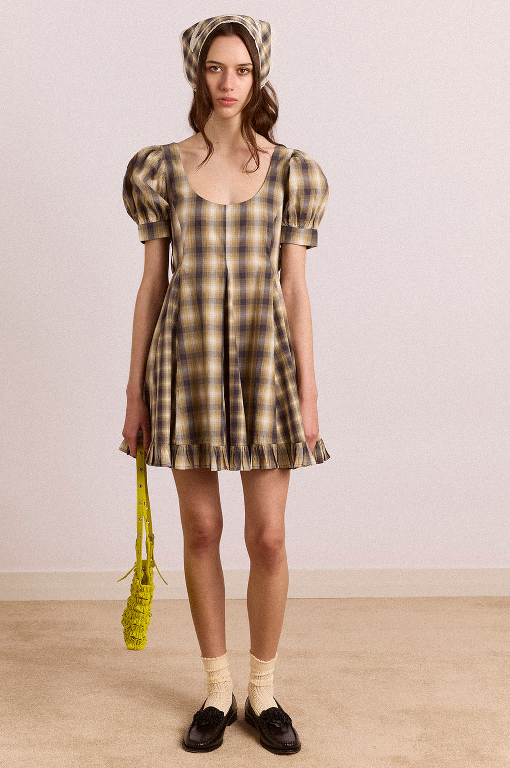 Sabina Mini Godet Dress Cardamon Mix Check