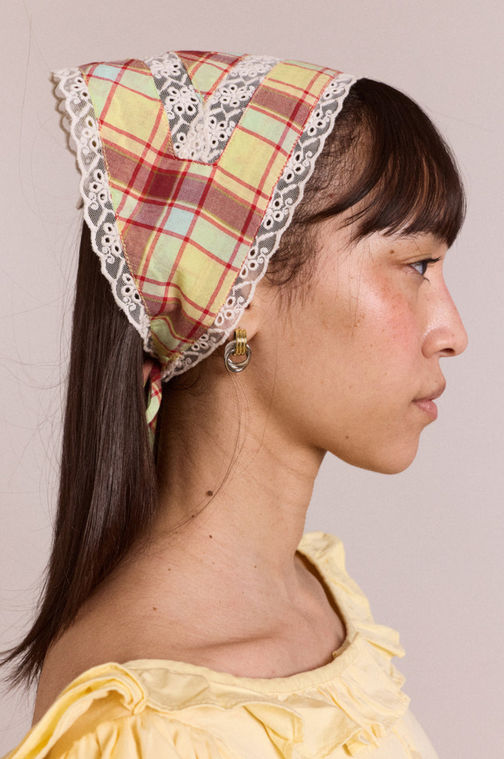 Triangle Headscarf With Lace Detail Celery Check