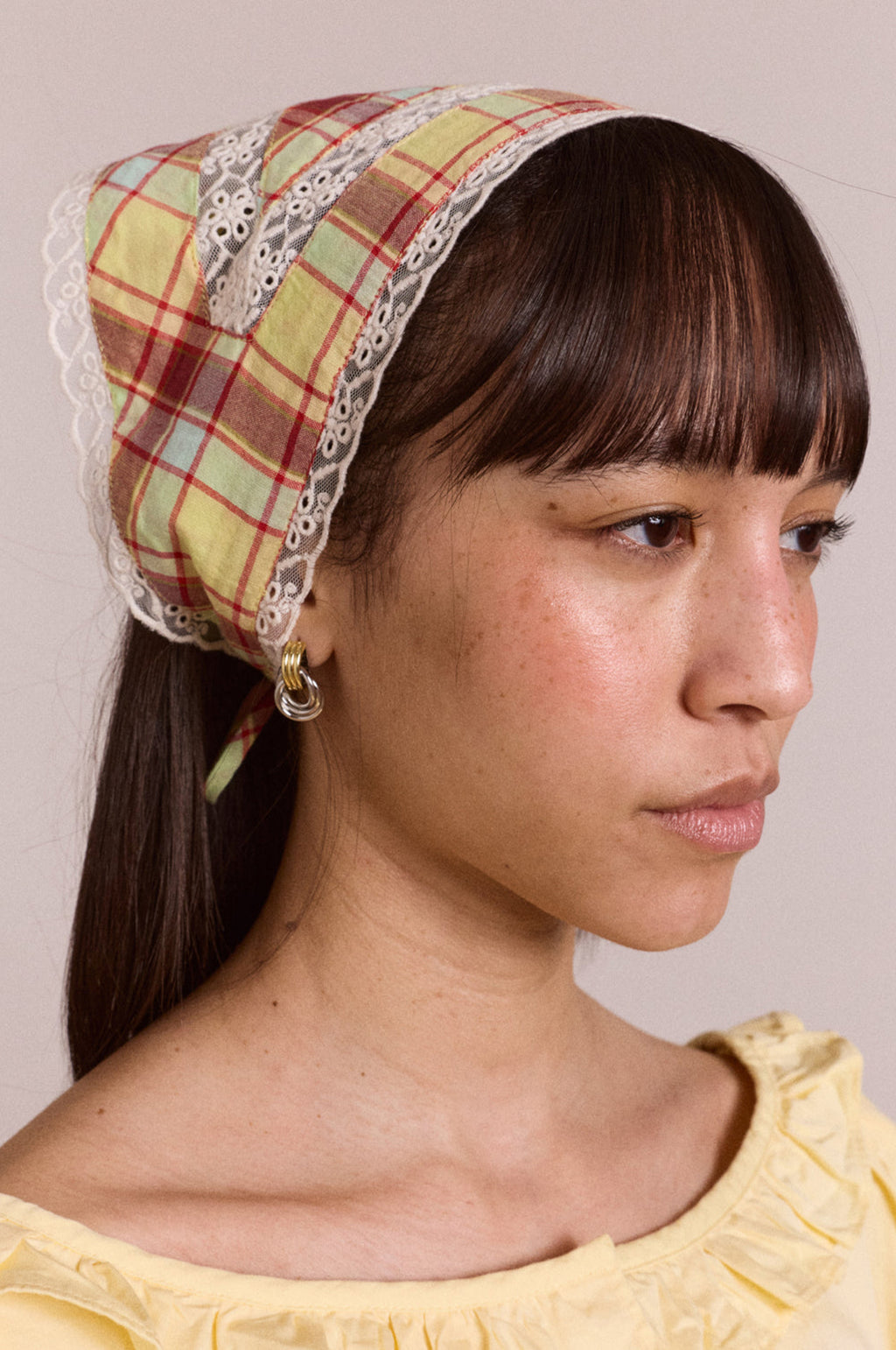 Triangle Headscarf With Lace Detail Celery Check