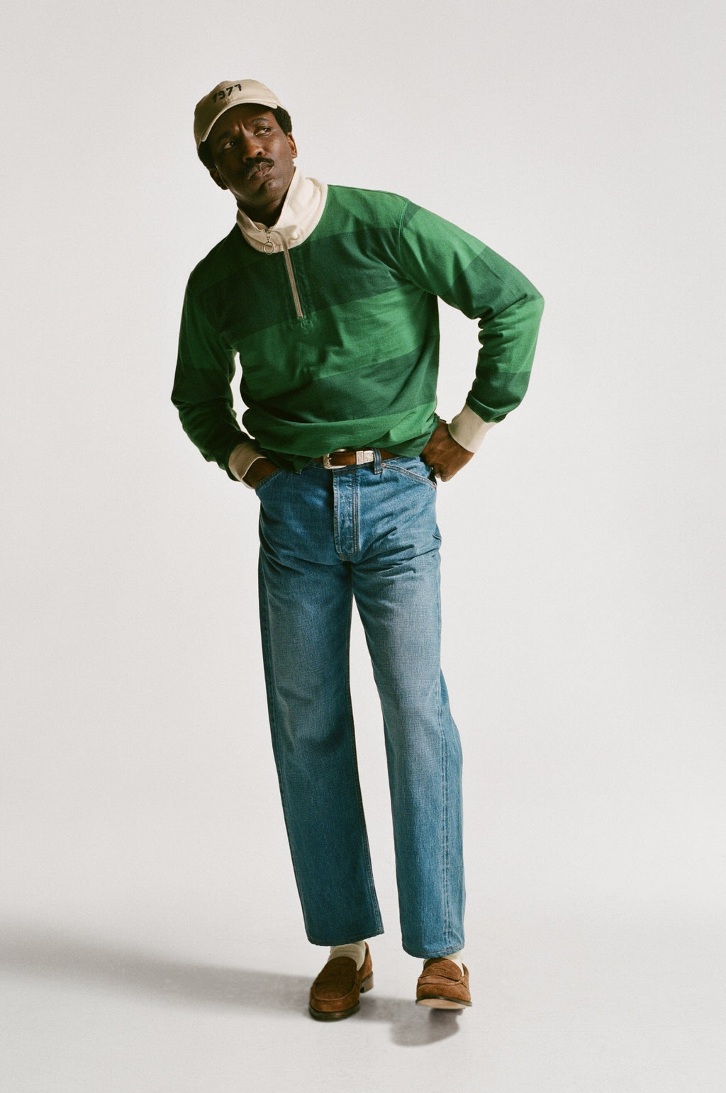 Block Stripe Quarter Zip Rugby Dark Green