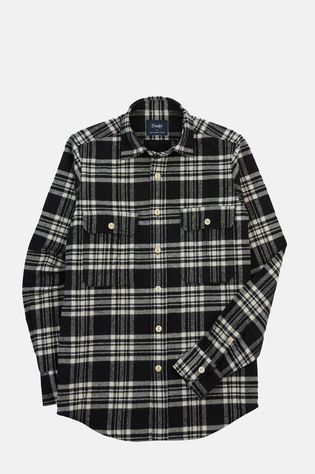 Drake's Check Heavy Cotton Work Shirt Navy & Ecru.