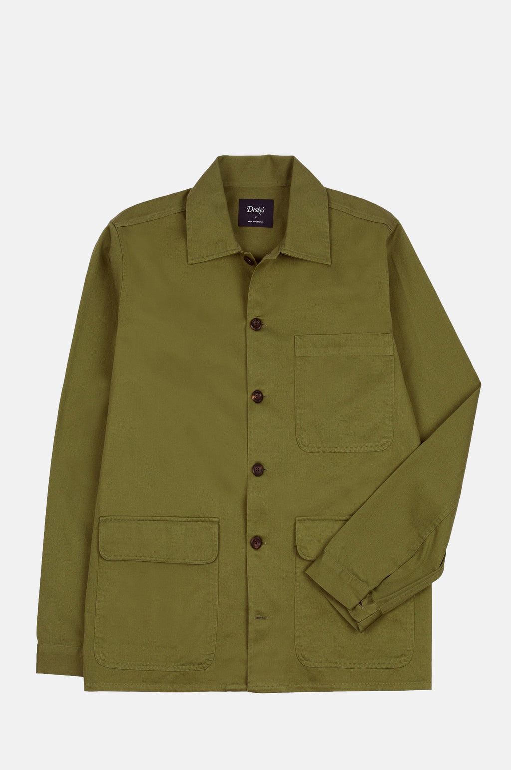 Drake's Textured Twill 3-Pocket Overshirt Military Green.