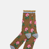 Exquisite J Floral Stripe Socks Brown.