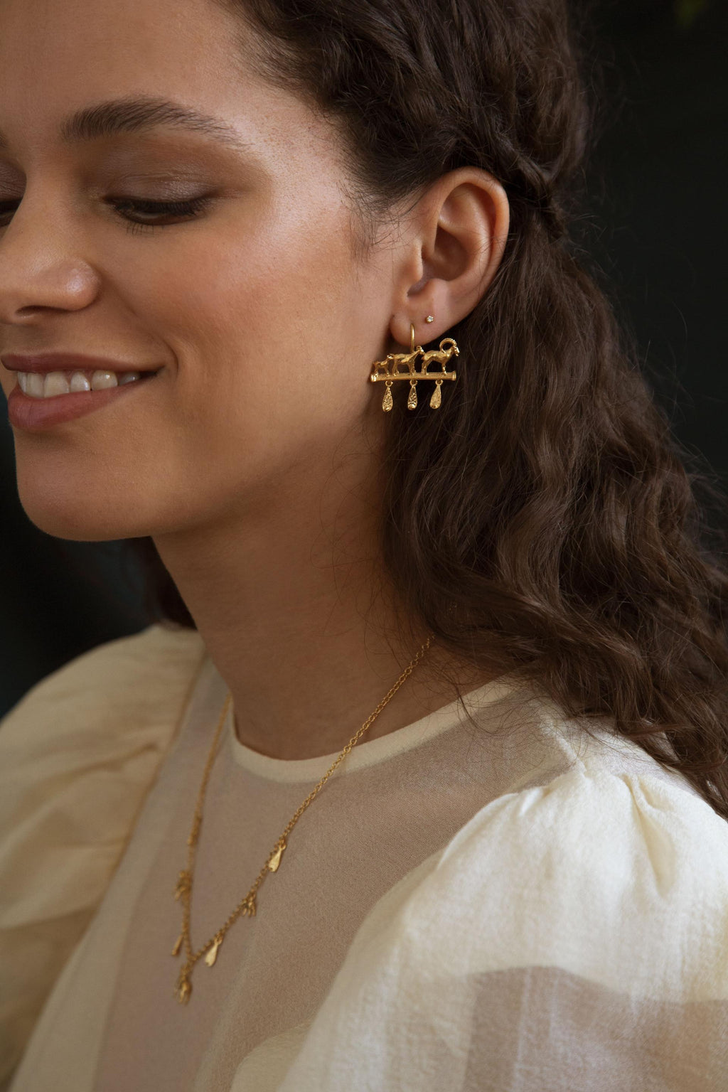 A.M. Mountain Goat Family Relic Earrings with Ornate Drops Gold