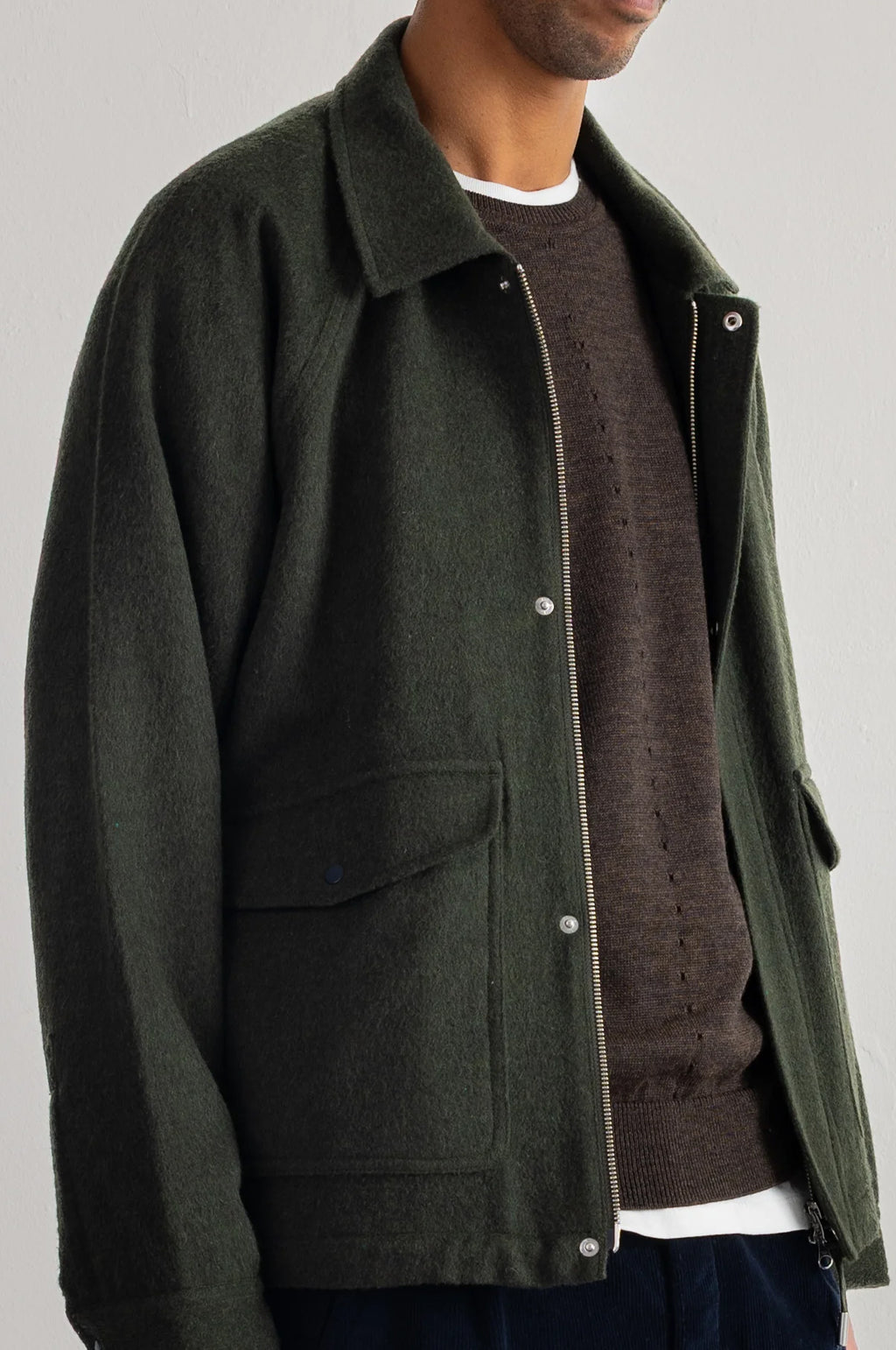 Cropped Winter Coat Olive Brushed Wool