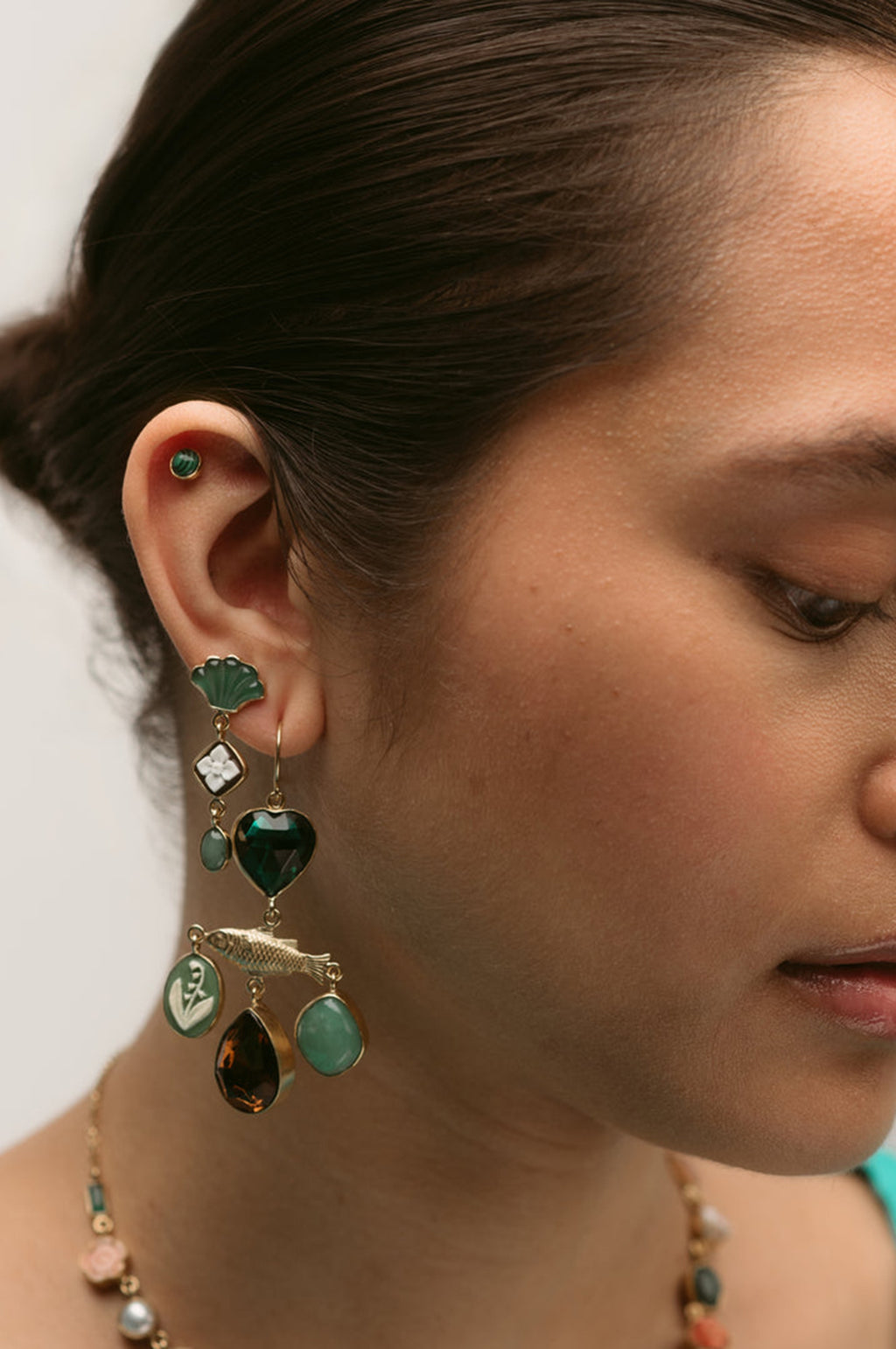 Three Charm Moving Drop Aventurine Earrings