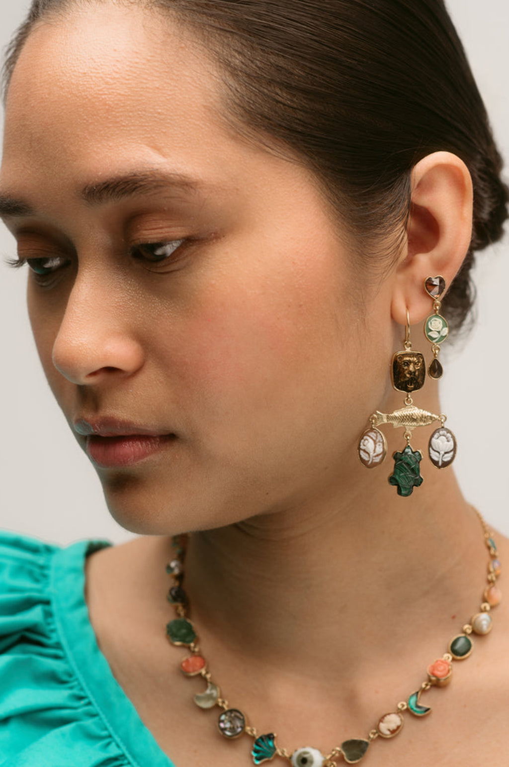 Three Charm Moving Drop Aventurine Earrings
