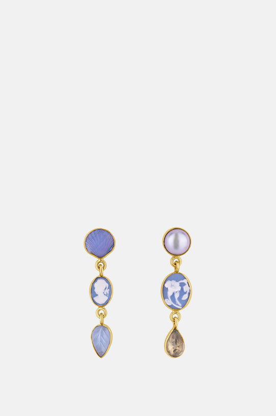 Three Charm Moving Drop Blue Cameo Earrings