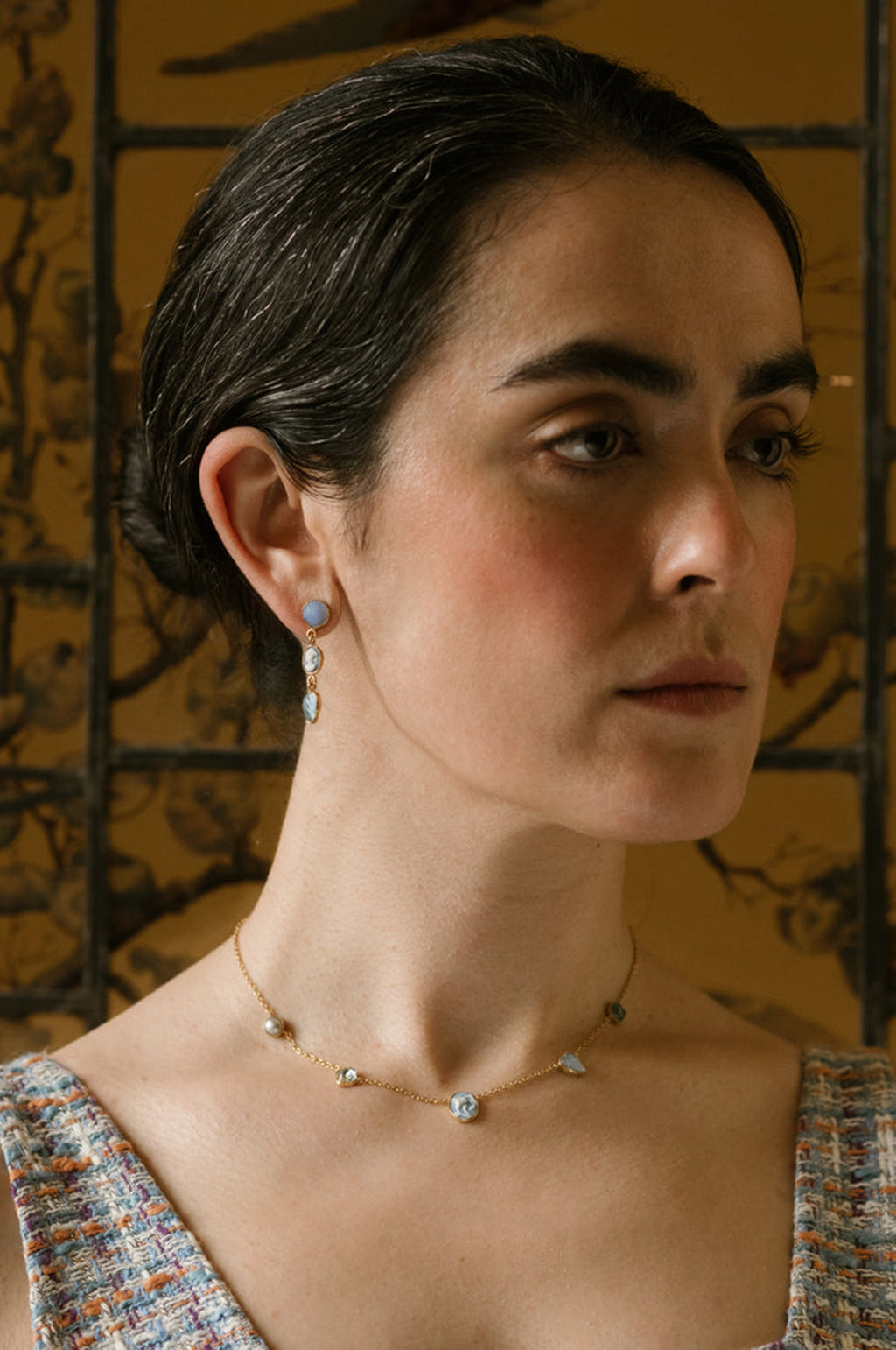 Three Charm Moving Drop Blue Cameo Earrings