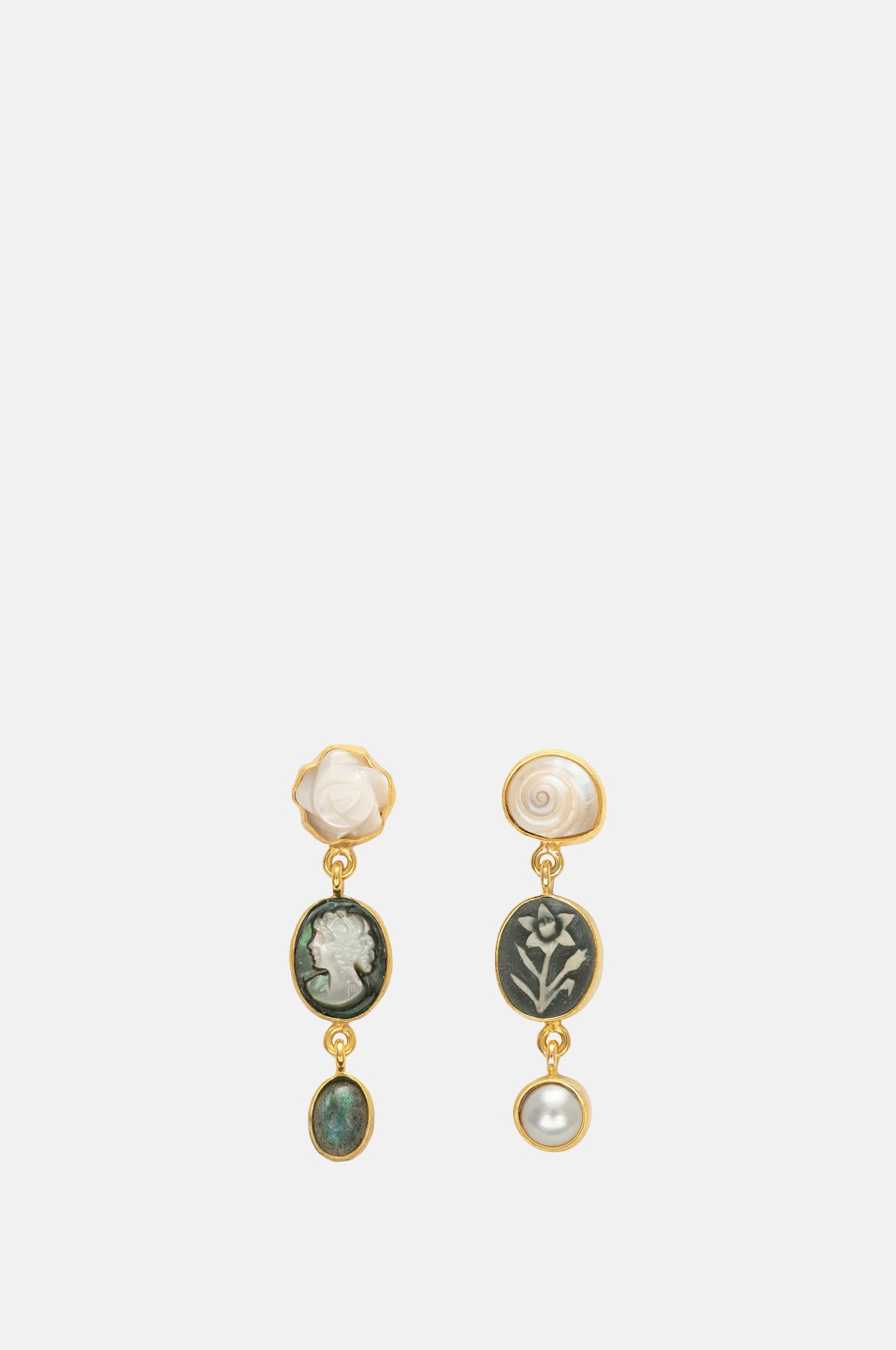 Grainne Morton Three Charm Moving Drop Green Cameo Earrings.