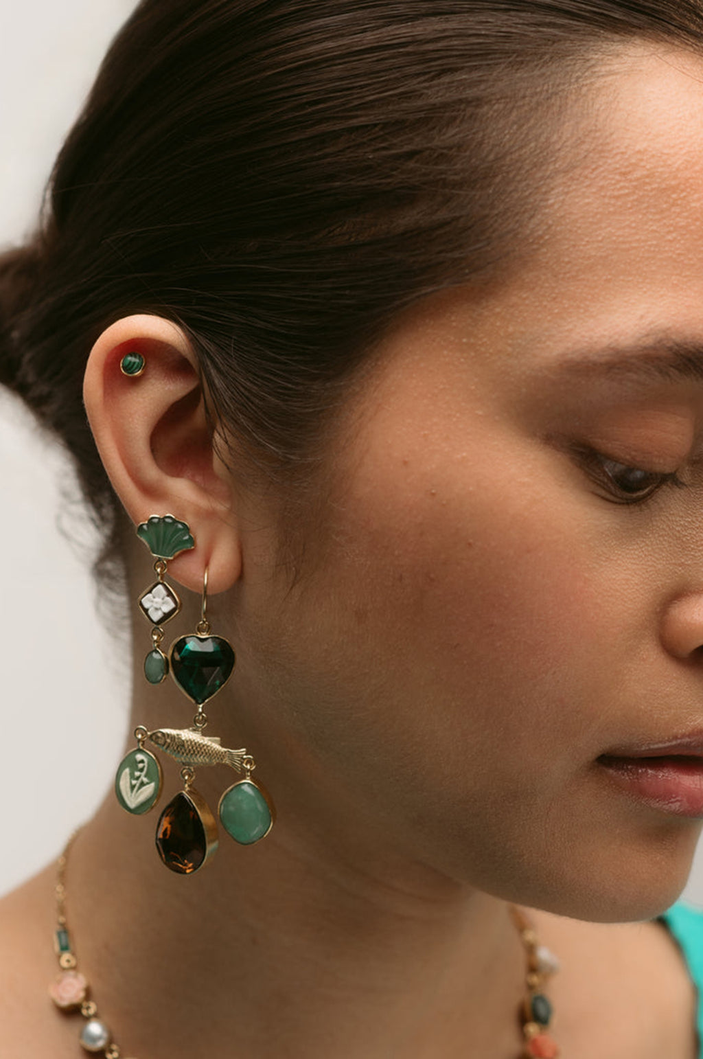 Three Charm Moving Drop Green Cameo Earrings