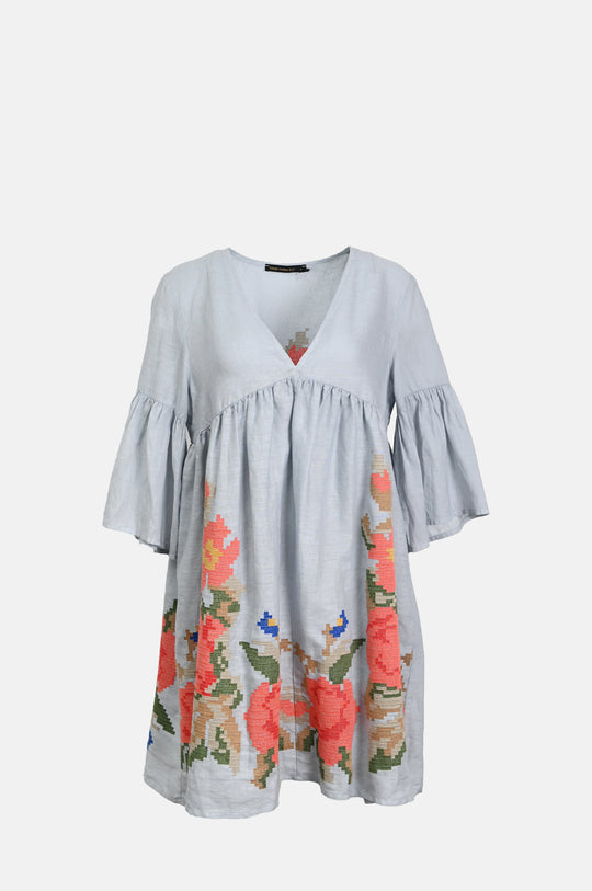 Rose Bell Sleeve Short Dress Light Grey