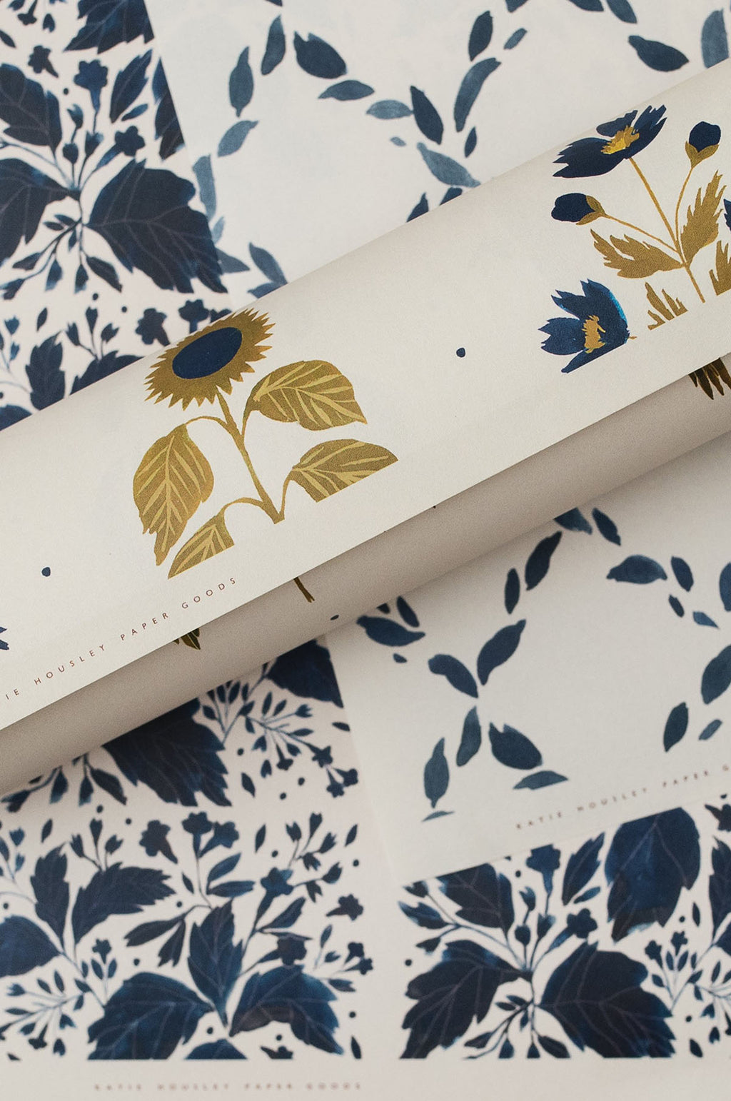 Four Floral Blue Botanical Wrapping Paper Set of 3 Sheets