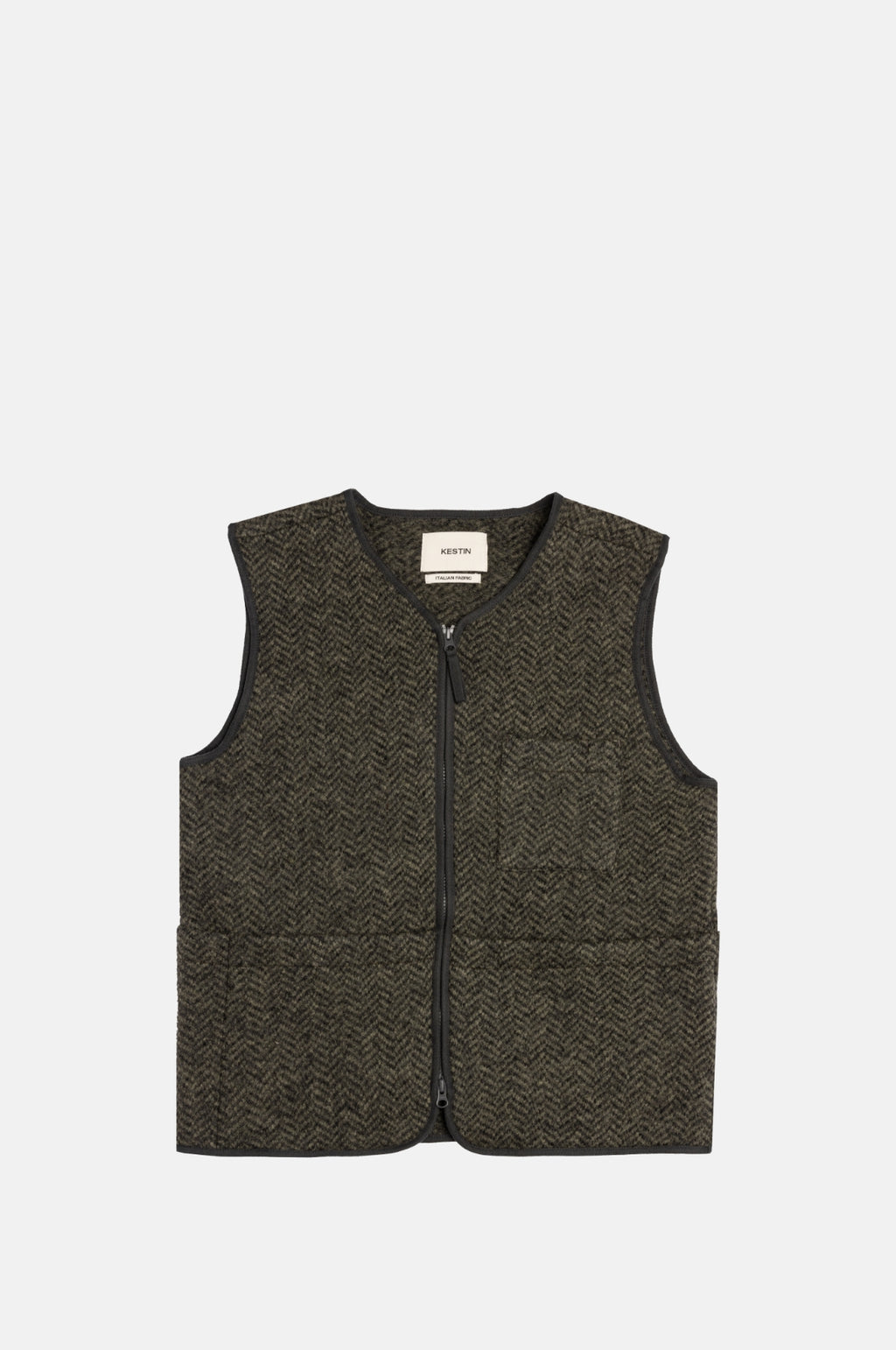 Kestin Bute Vest Herringbone Wool Moss.