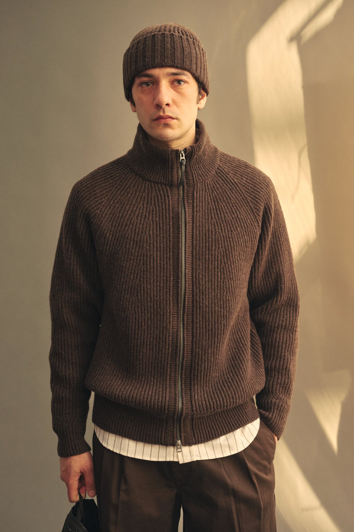 Cabin Rib Zip Lambswool Sweater Deep Brown