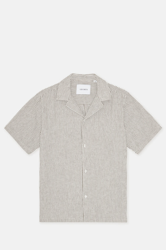 Lukas Stripe Cotton Linen SS Shirt Teak Brown