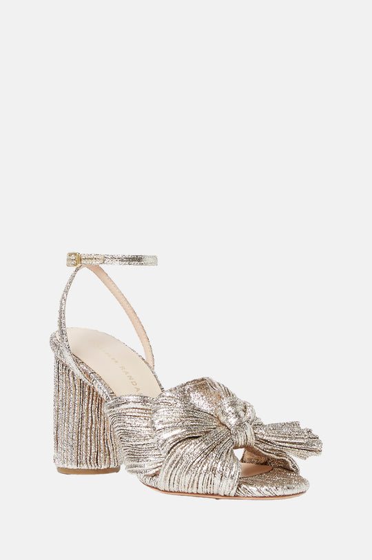 Camellia Pleated Knot Heeled Sandal with Ankle Strap Champagne