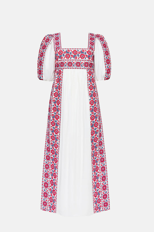 Lotus Embroidered Babydoll Dress Cream/Red/Blue